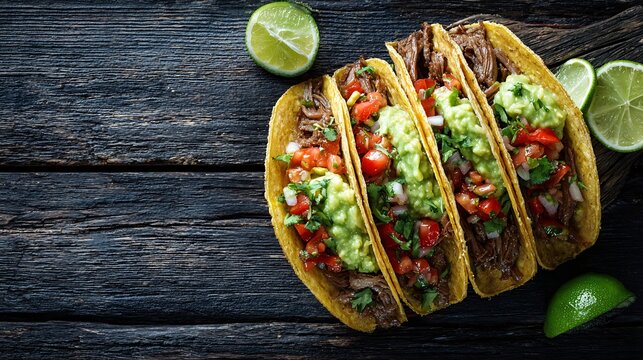 Mexican tacos with beef, guacamole, salsa and fresh lime on rustic wooden background with open space for text