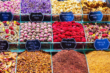 Colorful selection of herbal teas on display at traditional Turkish bazaar in Istanbul, Turkey