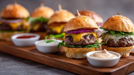Tasty burger sliders with dipping sauces on serving board with blurred background and copy space