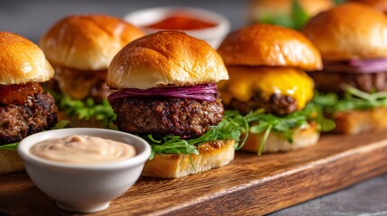 Tasty burger sliders with dipping sauces on serving board with blurred background and copy space