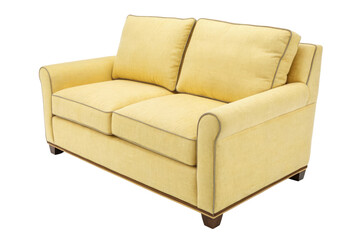 Fototapeta premium Comfortable yellow upholstered sofa with piped edges isolated on transparent background