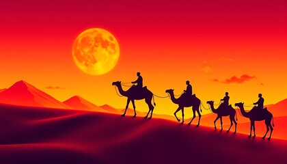 Camel Caravan Silhouette at Desert Sunset with Orange Moon