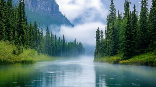 Serene River Flowing Through a Lush Forest, Misty Mountains in the Distance