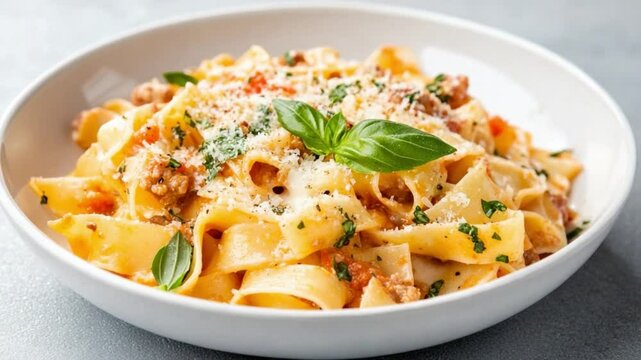 Pappardelle with Bolognese: A delectable dish of pappardelle pasta, tossed in a rich meaty Bolognese sauce, topped with freshly grated Parmesan cheese and vibrant basil leaves.