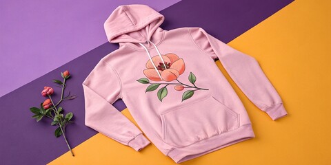 Pink Hoodie Mockup with Peach Flower on Purple and Orange Background