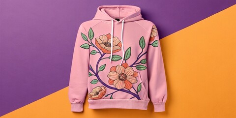 Pink Hoodie Mockup with Peach Flower on Purple and Orange Background