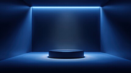 Stunning photo of dark blue stage podium 3d background product platform of empty scene presentation pedestal minimal showcase stand or abstract light show blank display and neon.