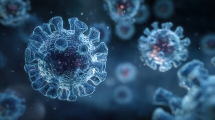 Stunning photo of microscopic enlargement of blue virus - respitory virus outbreak - floating cells in body - virus shaped as covid, influenza, sars, corona, hiv, mers, cholera.