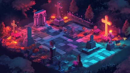 A stylized graveyard scene