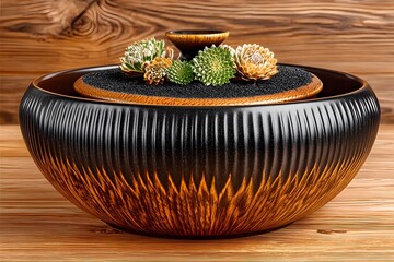 Stylish kitchen pot with carved metal accents and wood base high resolution image