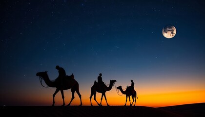 Desert Caravan at Sunset Under a Starry Sky and Full Moon
