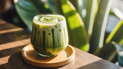 Iced matcha latte on a wooden coaster with plant background in soft light and shadow on table top