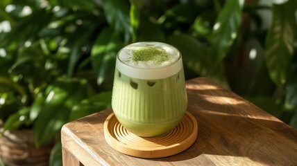 Iced matcha latte with cream on a wooden coaster and table against a green leafy background