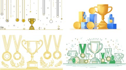 Various awards golden cup, medals, prizes displayed in four panel collage