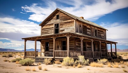 Weathered Abandoned House in Desert Under Blue Sky  Rustic Americana with Ghost Town Vibe.