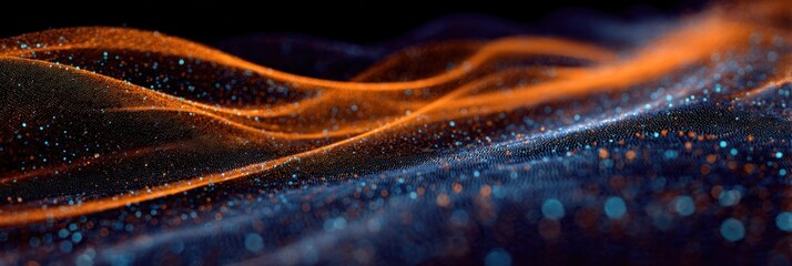 Abstract digital wave of orange and blue particles flowing