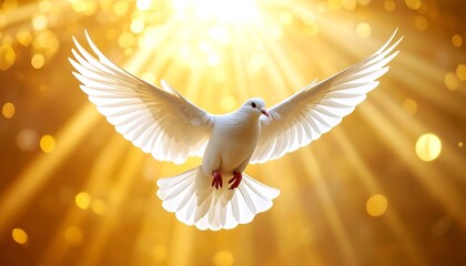 White Dove Flying in Golden Light Peace with Faith, Hope, and and New Beginnings.