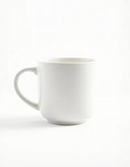 Fototapeta premium A highly photorealistic side view of an oversized cylindrical white ceramic coffee mug, placed on a clean plain white background.