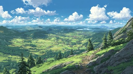 Naklejka premium Stunning photo of view from a mountain peak overlooking meadows below. Countryside scene in anime style.