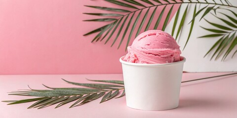 Pink Ice Cream Scoop in a White Cup with Palm Leaf on Pink Background