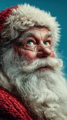 Santa Claus with a cheerful expression and snowy white beard against a blue background during the festive season