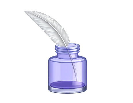 Realistic feather quill pen in ink bottle. Vector 3d goose nib in inkwell. Elegant old-fashionedplume pen in inkpot, symbol of poetry and vintage lettering.