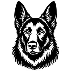 Vector art of a detailed black and white portrait of a german shepherd dogs face