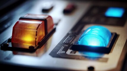 Illuminated Control Panel Featuring Orange and Blue Buttons on Metallic Surface - Powered by Adobe