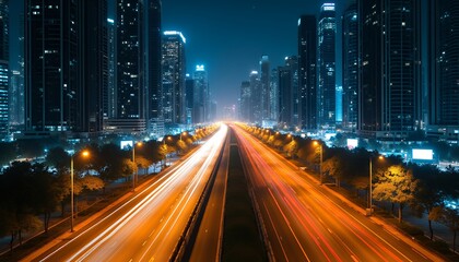 Fototapeta premium Elevated Night View of City Highway with Light Trails and Illuminated Skyscrapers