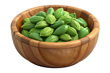 A wooden bowl filled with fresh green stinky beans isolated on transparent background