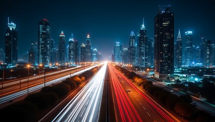 Fototapeta premium Elevated Night View of City Highway with Light Trails and Skyscrapers