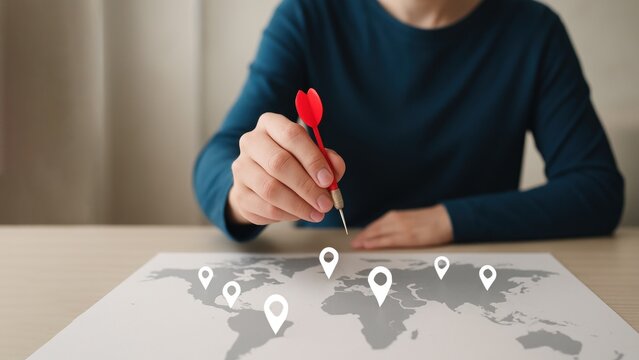 Person holding a red dart above a world map with dotted location markers in home, planning in travel management, with scattered map icons representing various destinations