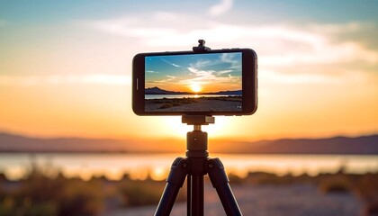 Smartphone on tripod, sunset view