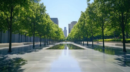 Urban parkway with trees and reflecting pool