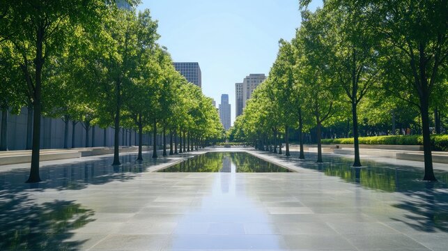 Urban parkway with trees and reflecting pool - Powered by Adobe