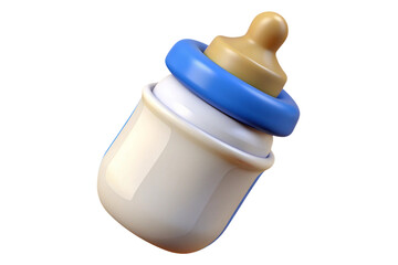 Cute 3d rendered baby bottle with blue ring and beige nipple isolated on transparent background