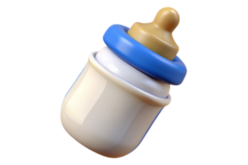 Cute 3d rendered baby bottle with blue ring and beige nipple isolated on transparent background