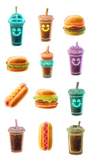 A set of icons, burgers, hotdogs and drinks, novelty illustrations for design