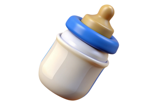 Cute 3d rendered baby bottle with blue ring and beige nipple isolated on transparent background