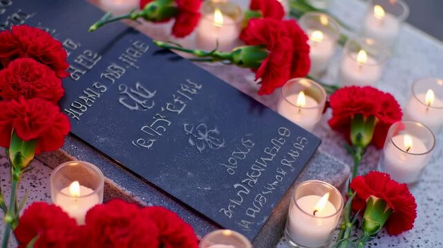 Memorial with carnations and candles