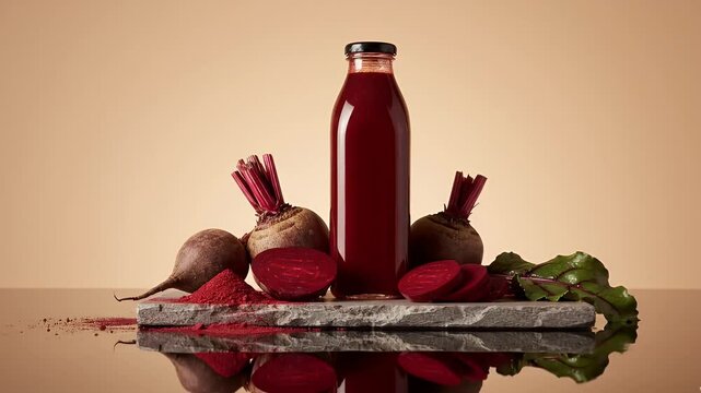 Beetroot elixir bottle with powder and sliced beets on a stone pedestal