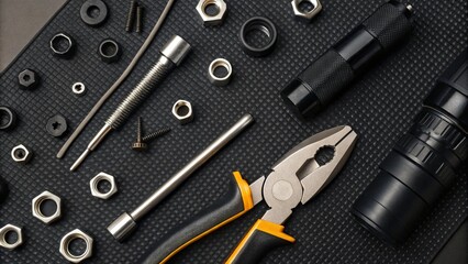 An overhead flat lay showcasing a variety of workshop tools and hardware components, including pliers, nuts, bolts, and various fasteners, meticulously arranged on a dark
