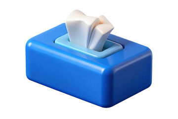 A bright blue tissue box with white tissues emerging from the top isolated on transparent background