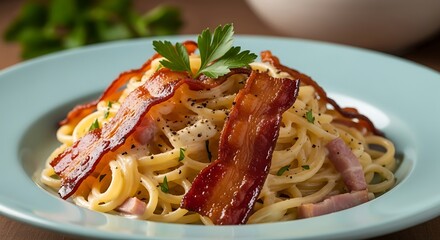 creamy spaghetti with bacon. classic pasta food.