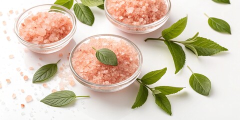 Pink Himalayan Salt Scrub in Glass Bowls with Green Leaves