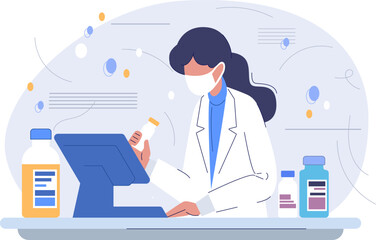 Doctor in a mask analyzing data at a computer in a hospital setting during working hours