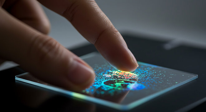 Human Finger Touching Illuminated Glass Surface with Colorful Abstract Display.