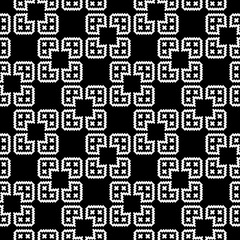 Seamless black and white pattern featuring QR codes and pixelated icons, perfect for modern tech-inspired designs