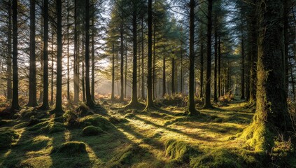 Obraz premium Sunlight streams through a mossy forest (1)