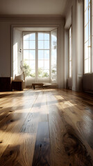 Fototapeta premium Serene Sunlit Room Featuring Elegant Wooden Flooring Creating a Warm and Inviting Atmosphere